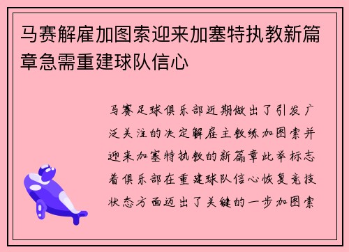 马赛解雇加图索迎来加塞特执教新篇章急需重建球队信心
